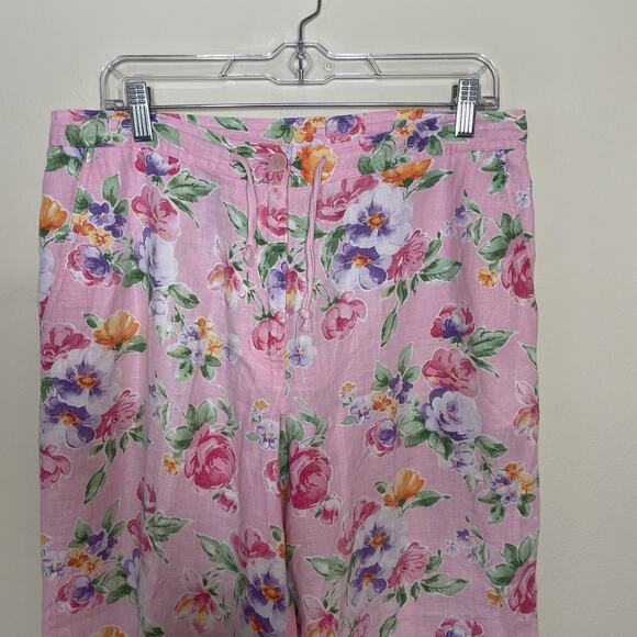 Jones NY 100%‎ Linen Pink All Over Floral Rose Print Cropped Wide Leg Pants 12 - Picture 3 of 11